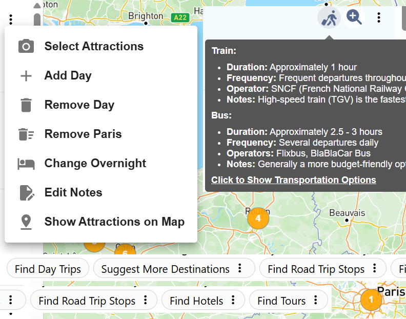 Screenshot of trip planner options