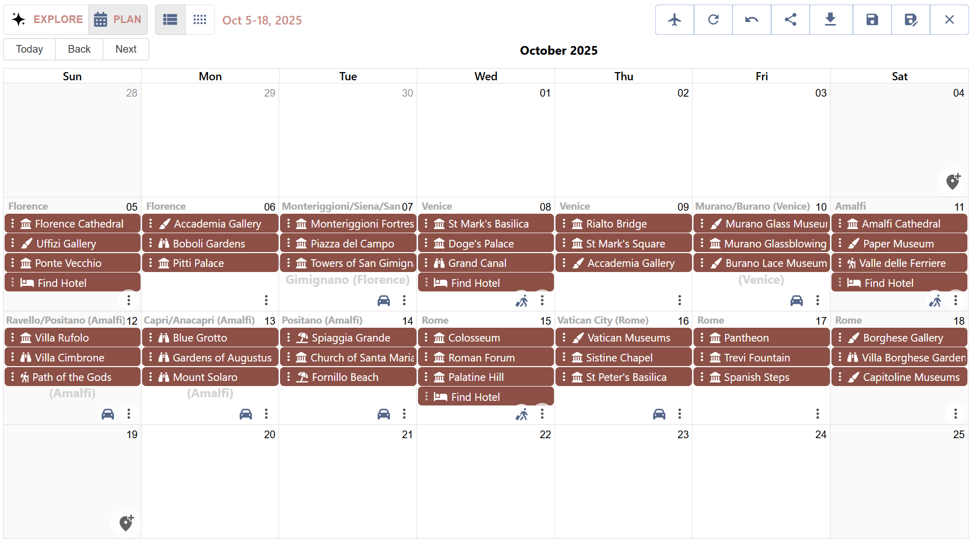 Screenshot of trip planner calendar